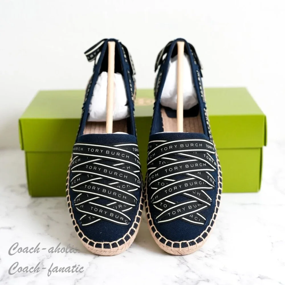 NIB Tory Burch Ribbon Canvas Espadrille Flats in Perfect Navy Size 7.5